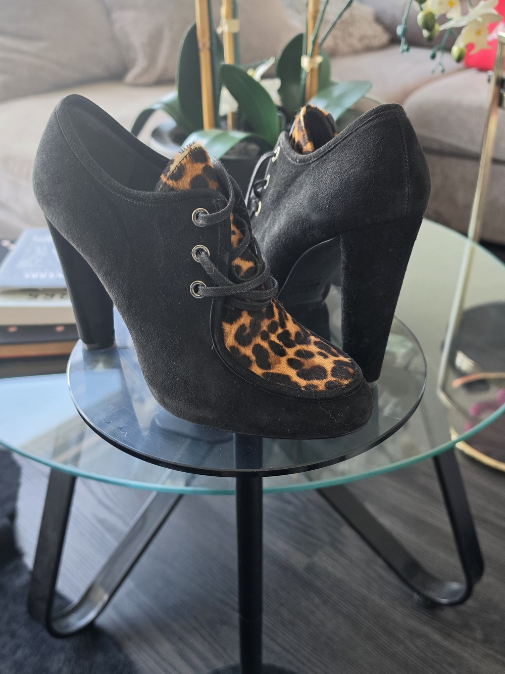 STUART WEITZMAN Suede Lace Up Pony Hair Panel Leopard Print Booties Loafer 7.5